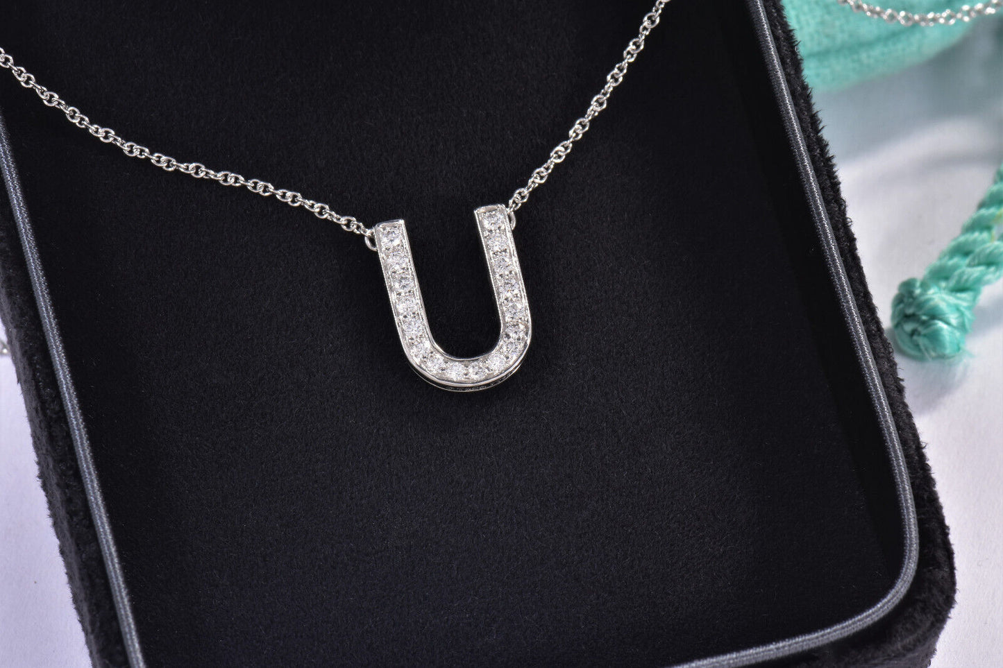 Tiffany & Co Platinum Diamond Large Letter U Pendant 16.5" Necklace In Box Pouch