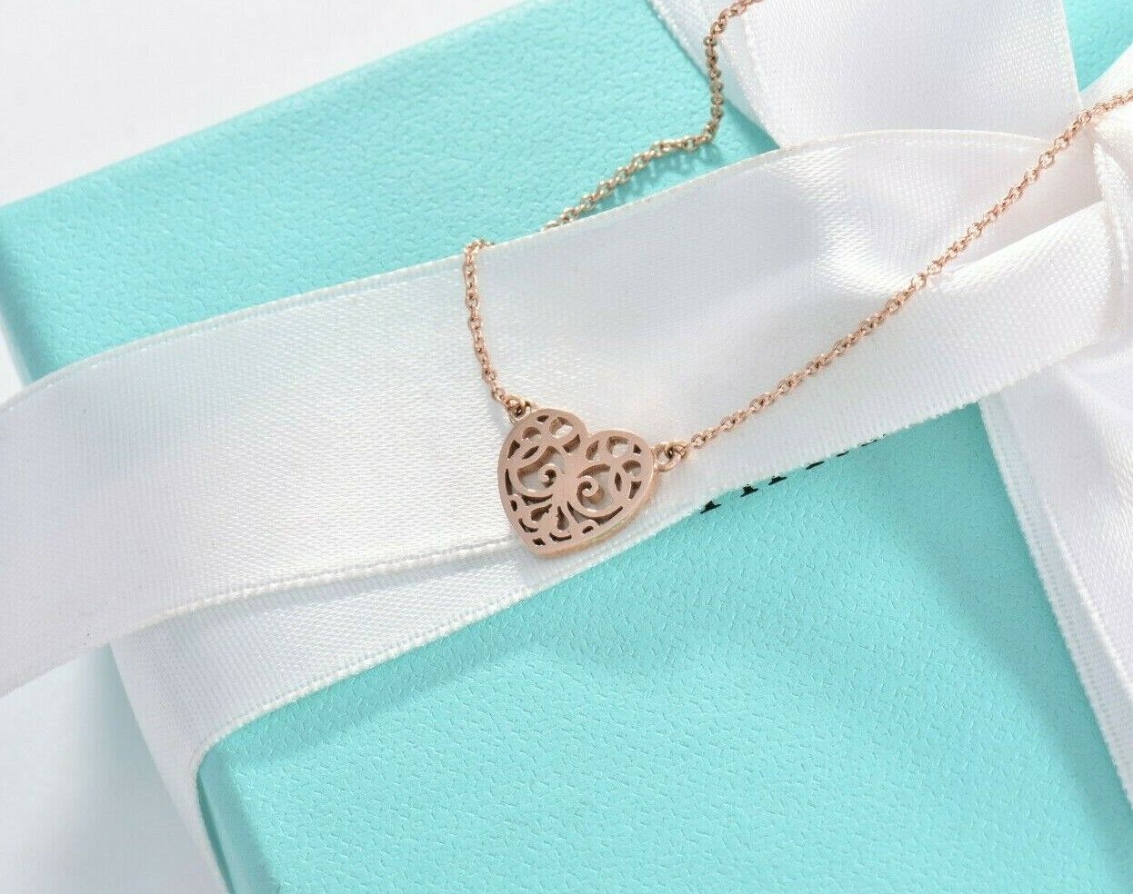 Tiffany & Co Rubedo Gold Metal Enchant Scroll Small Heart 16" Necklace Box Pouch