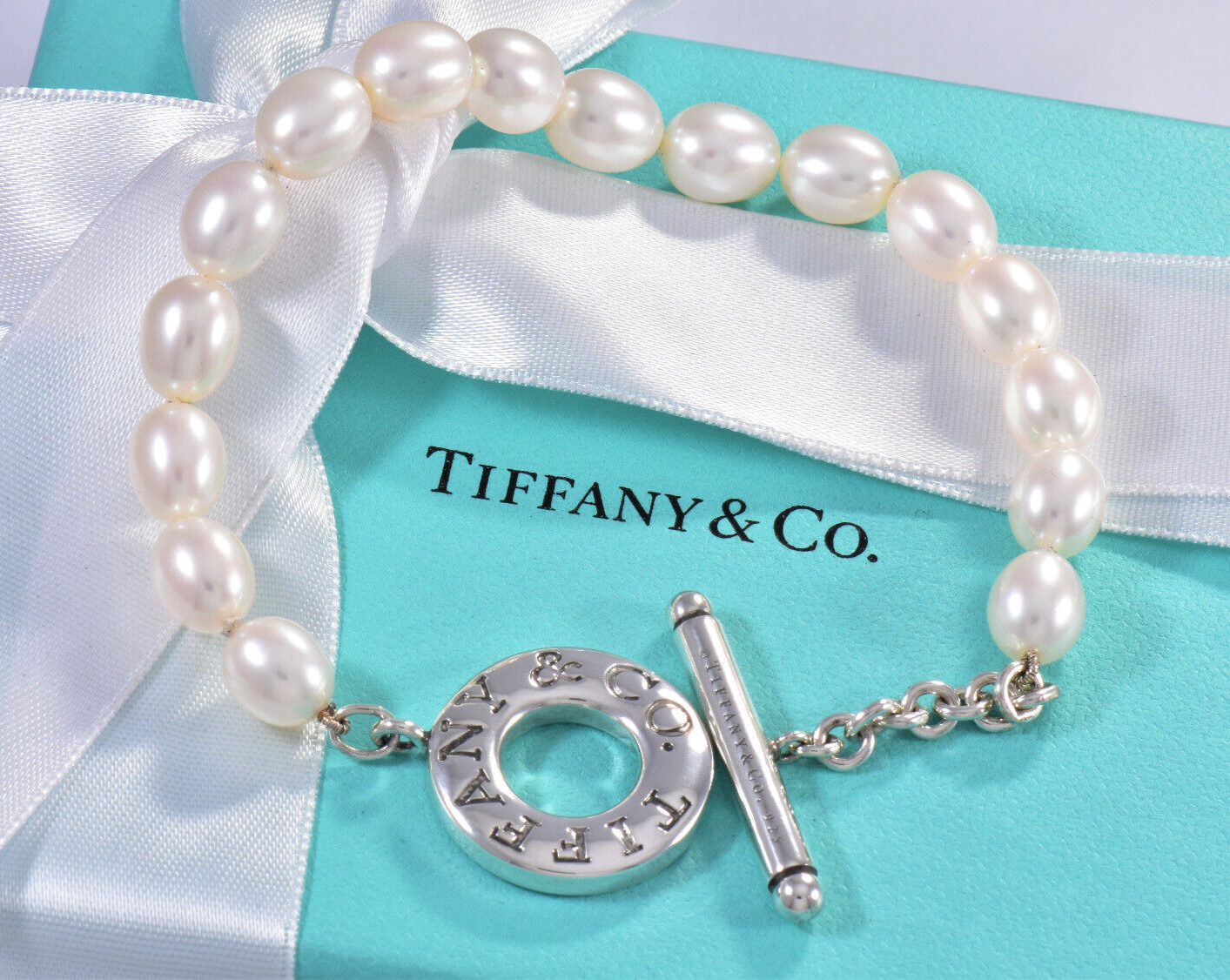 Tiffany & Co Silver Pearl 8mm Bead Toggle Bracelet 7.5" Large in Box Pouch Rare