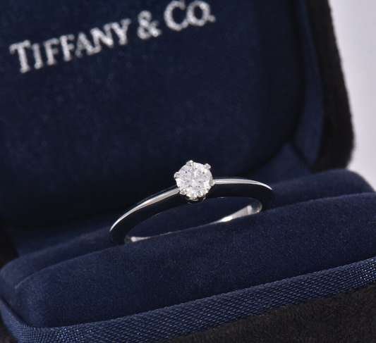 Tiffany & Co Platinum .22 ct Round Solitaire Diamond Ring Size 5 in Box Pouch