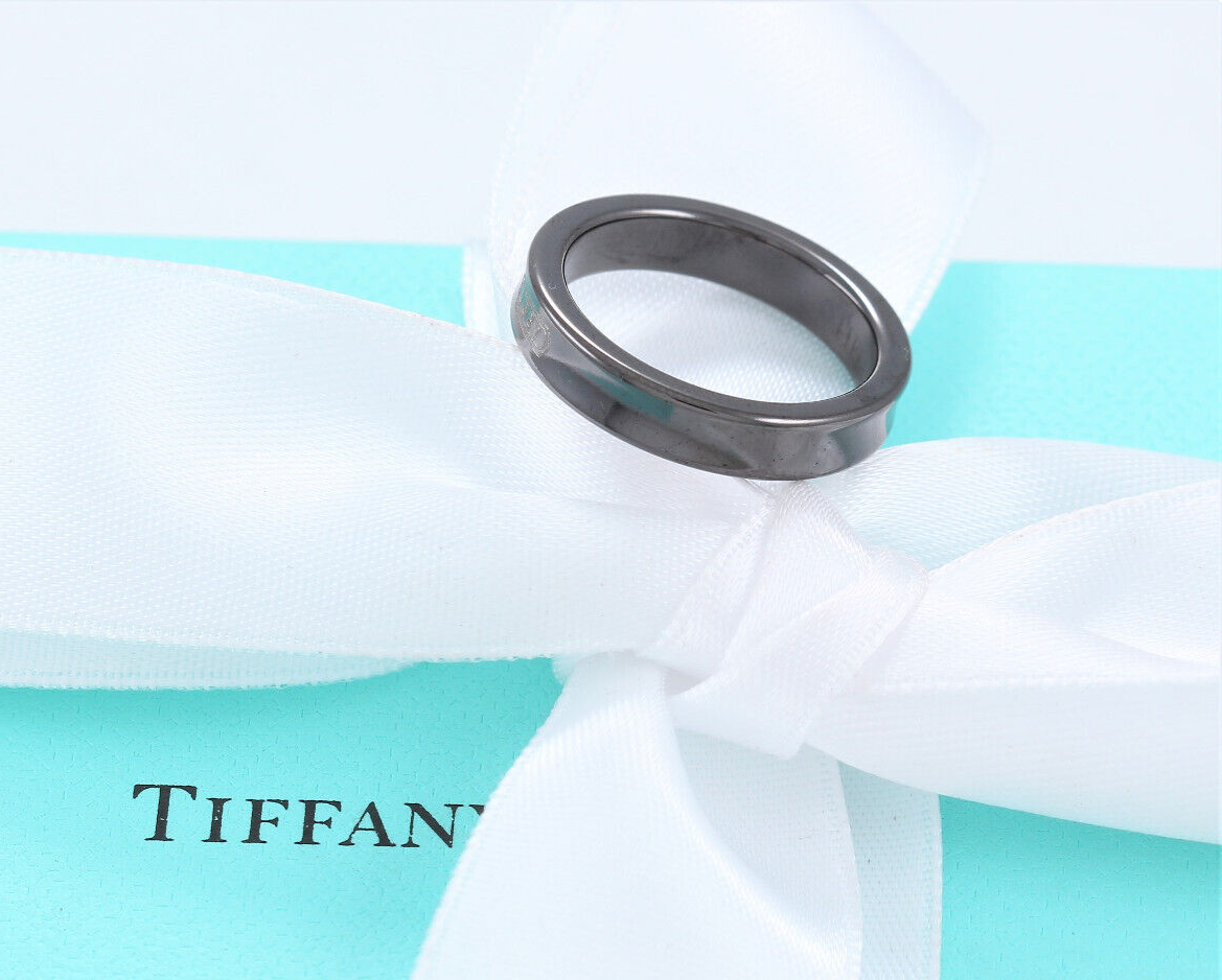 Tiffany & Co Silver Titanium 1837 Narrow Band Ring Size 7 in Pouch Rare Mens