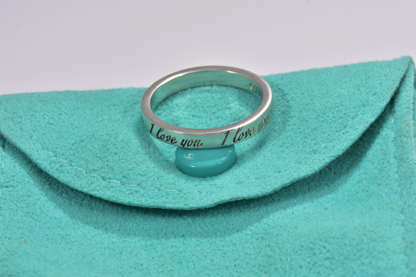 Tiffany & Co Sterling Silver I Love You Notes Narrow Band Ring Size 8.5 in Pouch