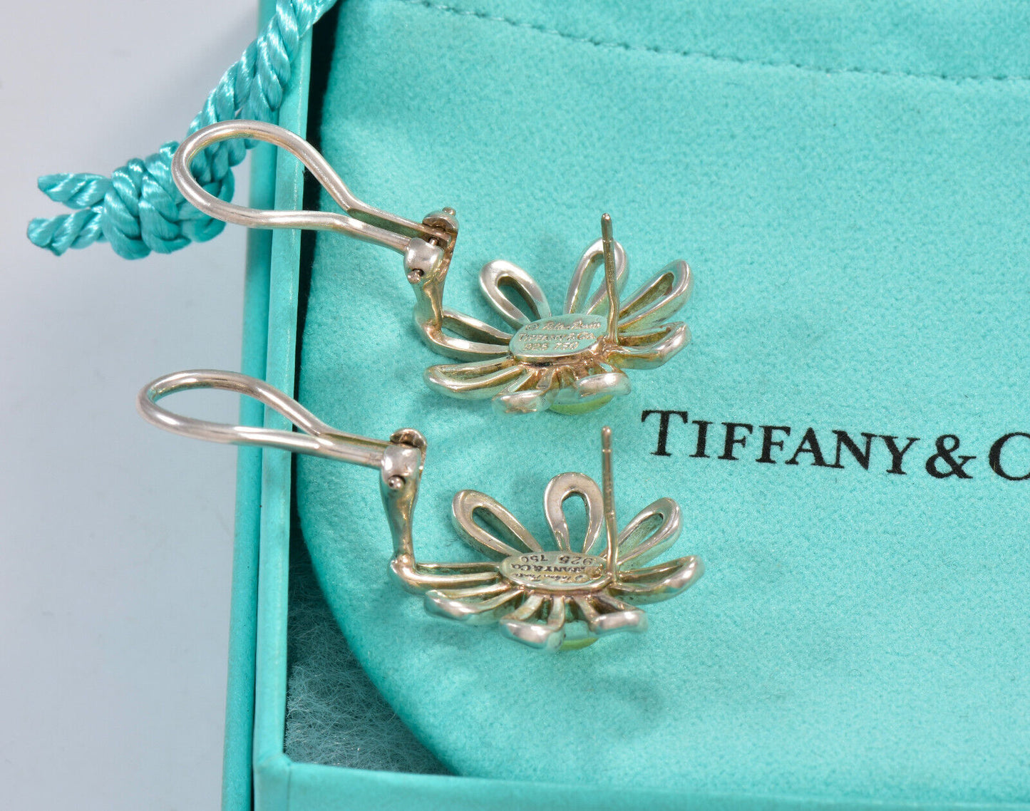 Tiffany & Co 18k Gold Silver Large 23mm Daisy Flower Stud Earrings in Pouch Rare