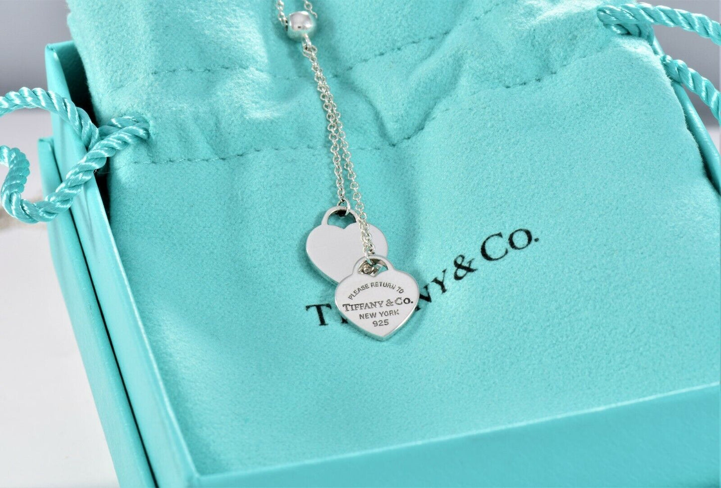 Please Return To Tiffany & Co Silver Double Heart Bead Dangle Pendant Necklace