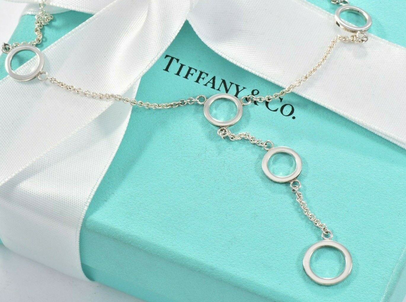 Tiffany & Co Sterling Silver Ring Circles Chain Link Lariat Necklace & Box Pouch