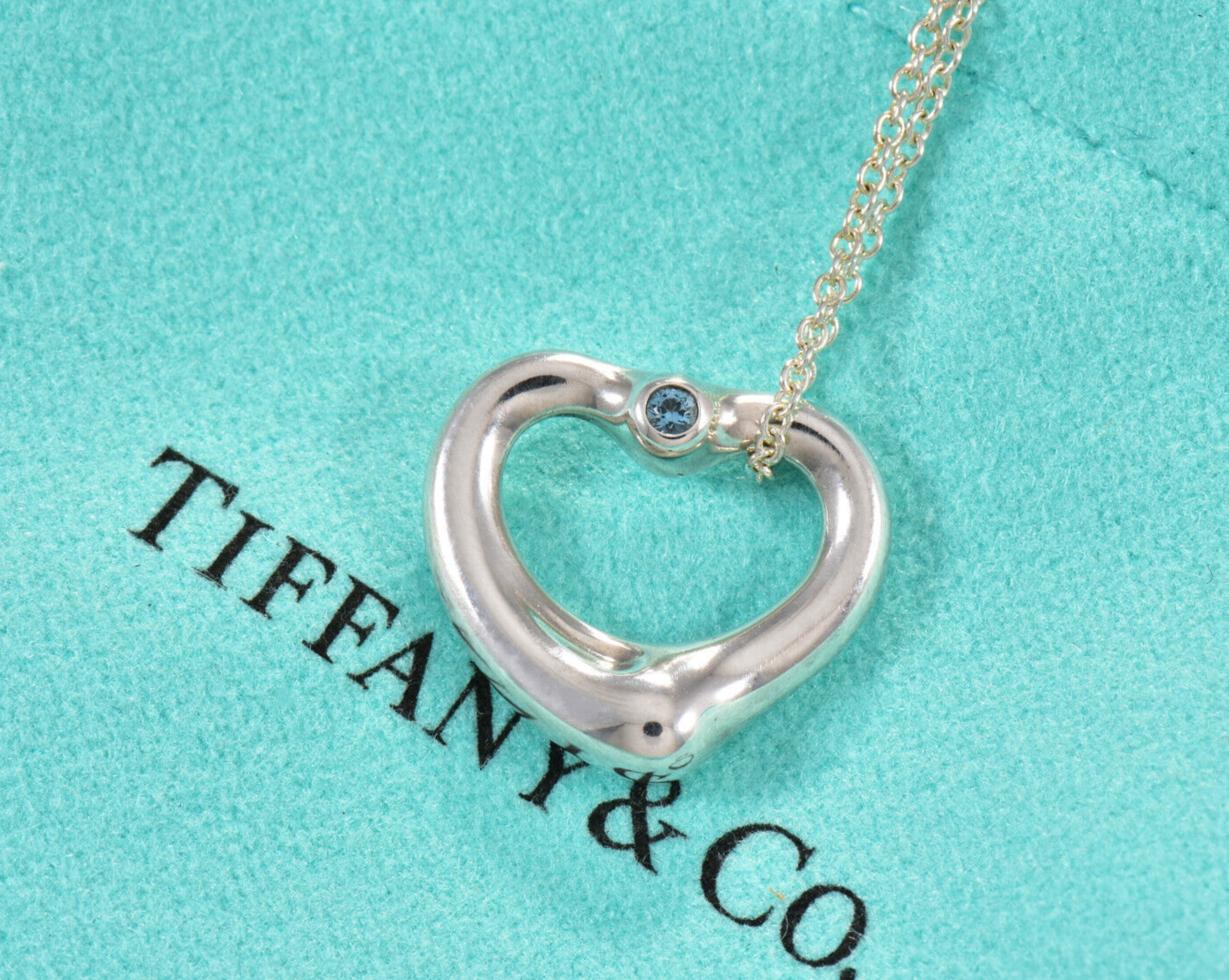 Tiffany & Co  Aquamarine Silver Elsa Peretti Open Heart 16" Necklace in Box Rare