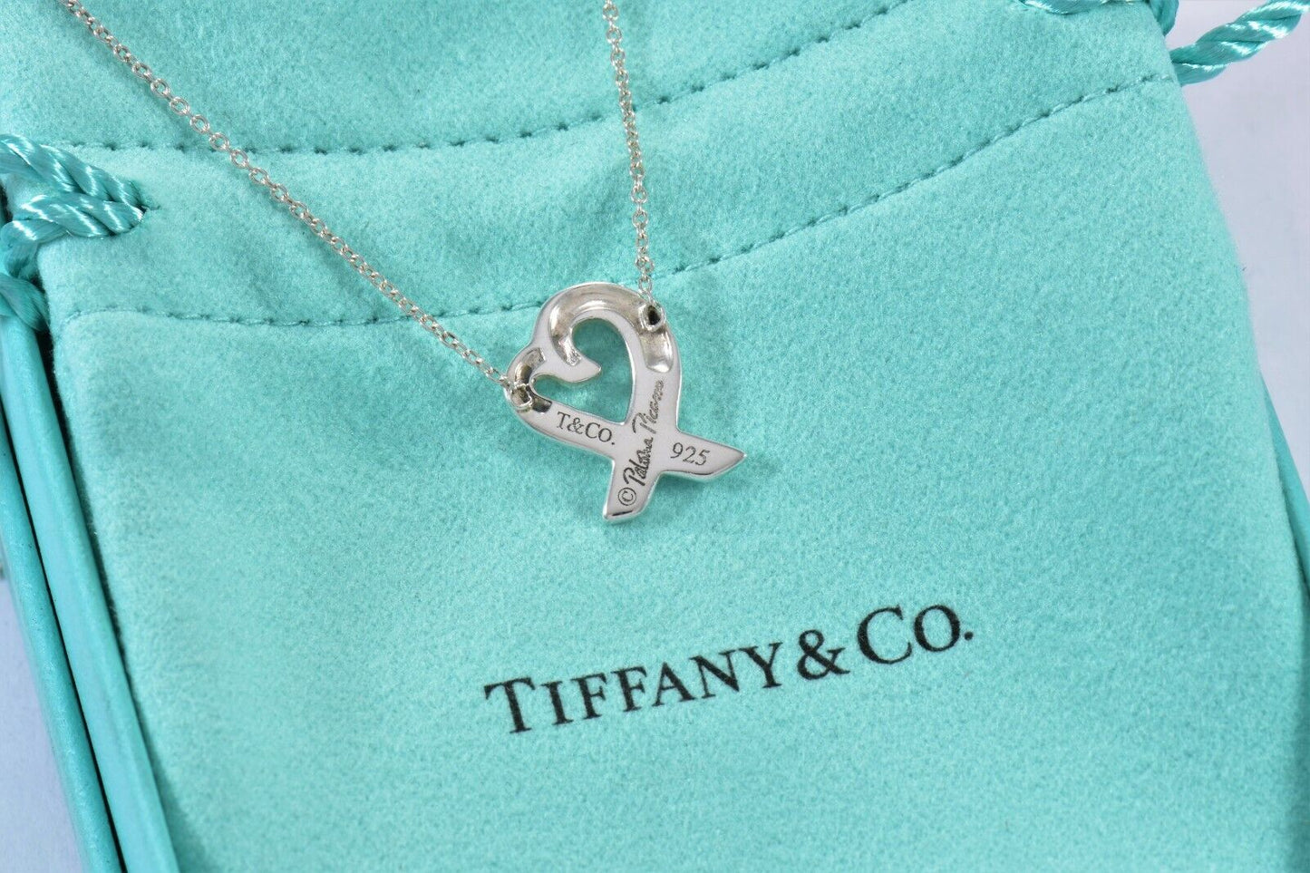 Tiffany & Co Silver Paloma Picasso Loving Heart Pendant 16" Necklace in Pouch