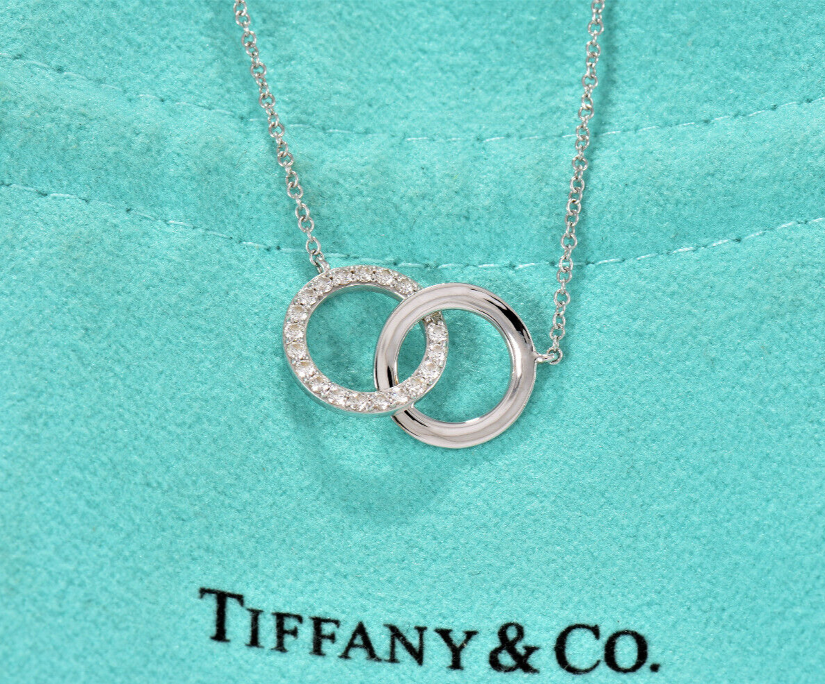 Tiffany & Co Diamond 18k White Gold Interlocking Circles Rings Pendant Necklace