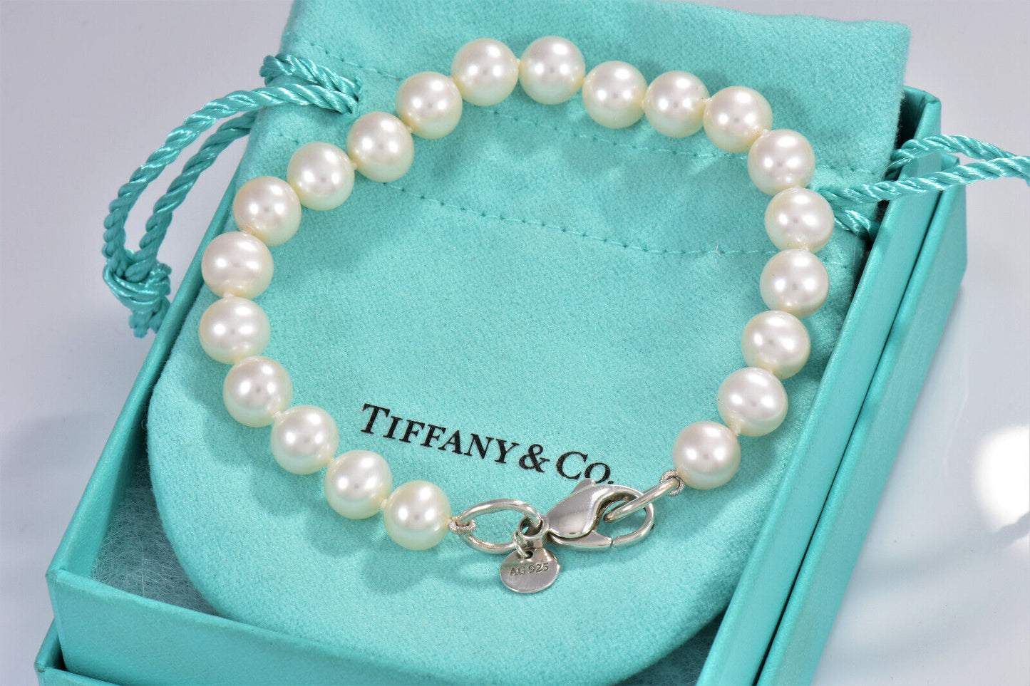 Tiffany & Co Sterling Silver 8mm Pearl Bead Bracelet 7.9" in Box Pouch Ribbon