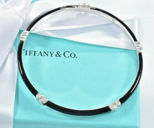 Tiffany & Co Italy Silver Signature X Black Enamel Bangle Large Bracelet & Pouch