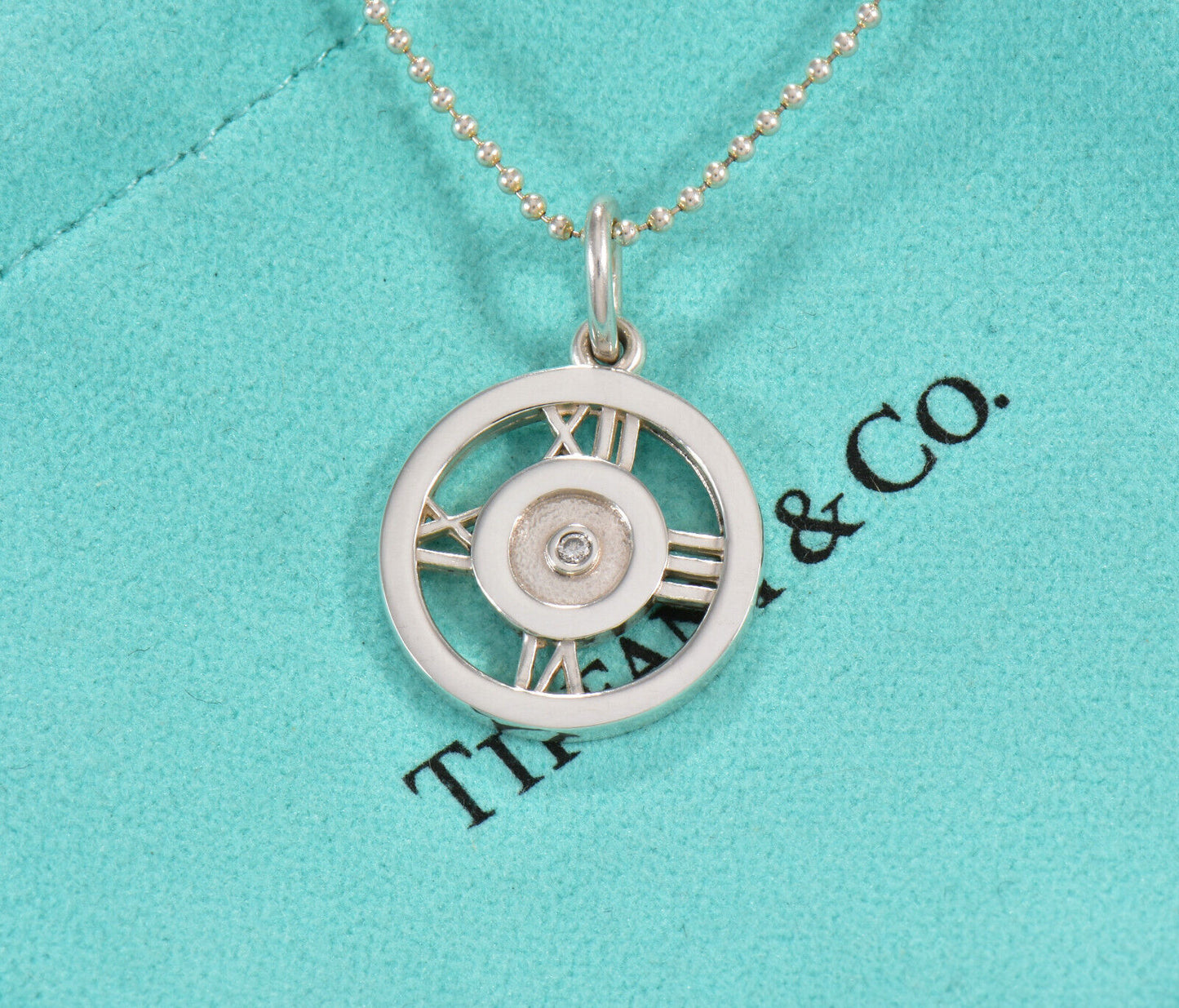 Tiffany & Co Diamond Silver Atlas Numeral Circle Pendant 16" Bead Necklace Boxed