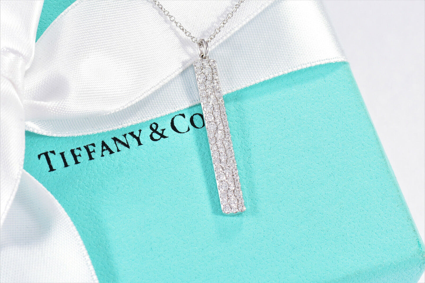 Tiffany & Co Diamond 18K White Gold Metro Narrow Bar Pendant Necklace Boxed