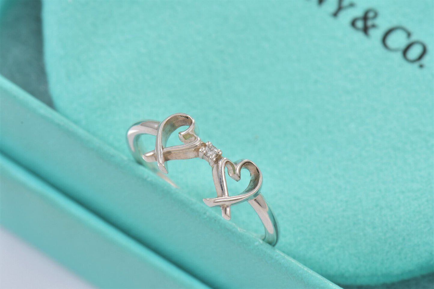 Tiffany & Co Silver Diamond Paloma Picasso Double Loving Heart Ring Size 8 Rare