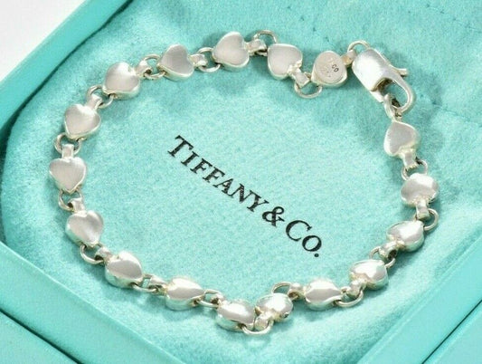 Vintage Tiffany & Co Sterling Silver Heart Link 7.45" Bracelet & Pouch Love Rare