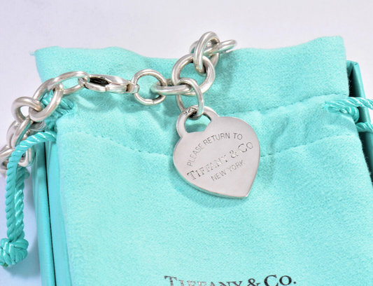 Please Return Tiffany & Co Heart Tag 7.75" Charm Chain Link Bracelet in Pouch