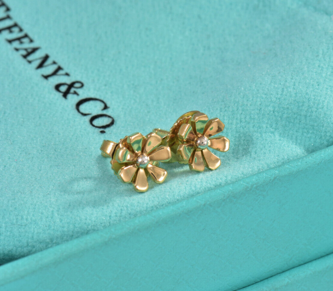 Tiffany & Co 18K Yellow Gold Silver Flower Love Bugs Daisy Earrings in Box Rare