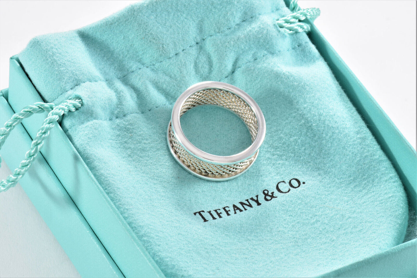 Tiffany & Co Sterling Silver Mesh Wide Bar Band Size 5.5 Ring In Pouch Unisex