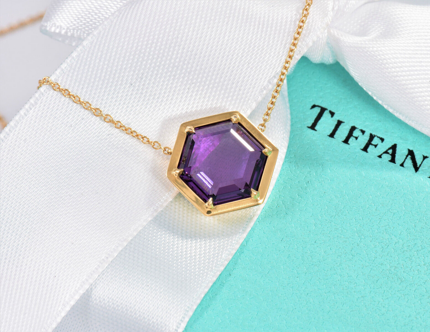 Tiffany & Co 18K Gold Paloma's Studio Amethyst Hexagon Pendant 18" Necklace Rare