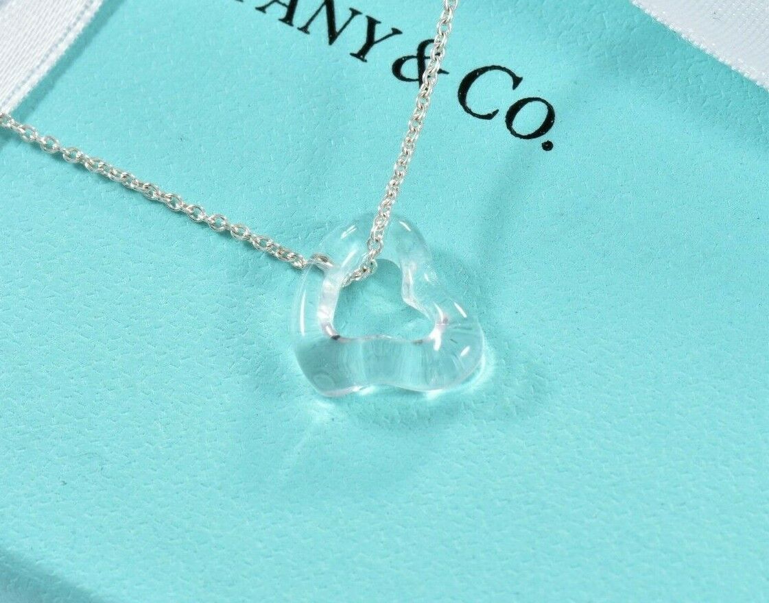 Tiffany & Co Silver Elsa Peretti Crystal Open Heart Pendant 16" Necklace & Pouch