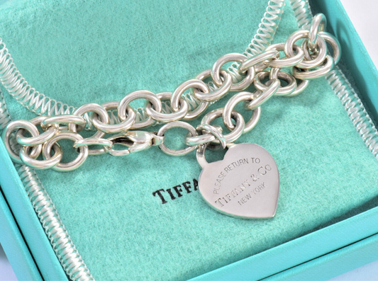 Please Return To Tiffany & Co Heart Tag 8.5" Charm Chain Link Bracelet Box Pouch