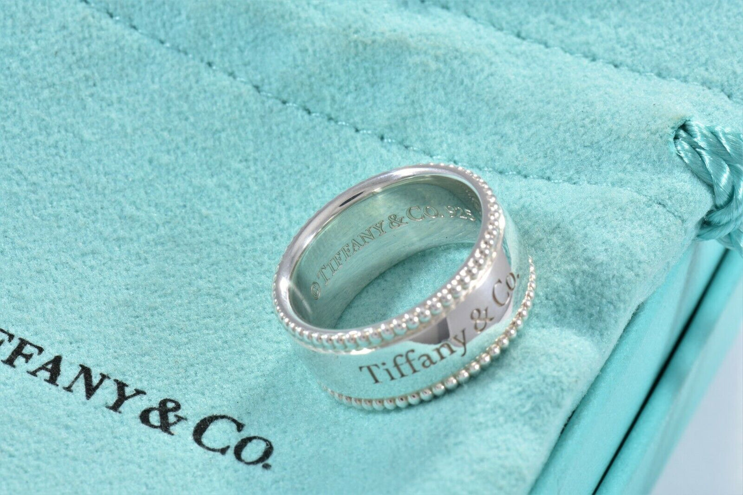 Tiffany & Co Sterling Silver Yours Bead Edge Band Ring Size 4.5 & Pouch Lovely