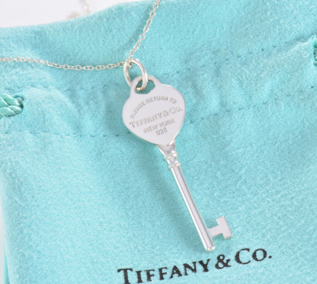 Please Return To Tiffany & Co Sterling Silver Heart Key 19.25" Necklace in Pouch