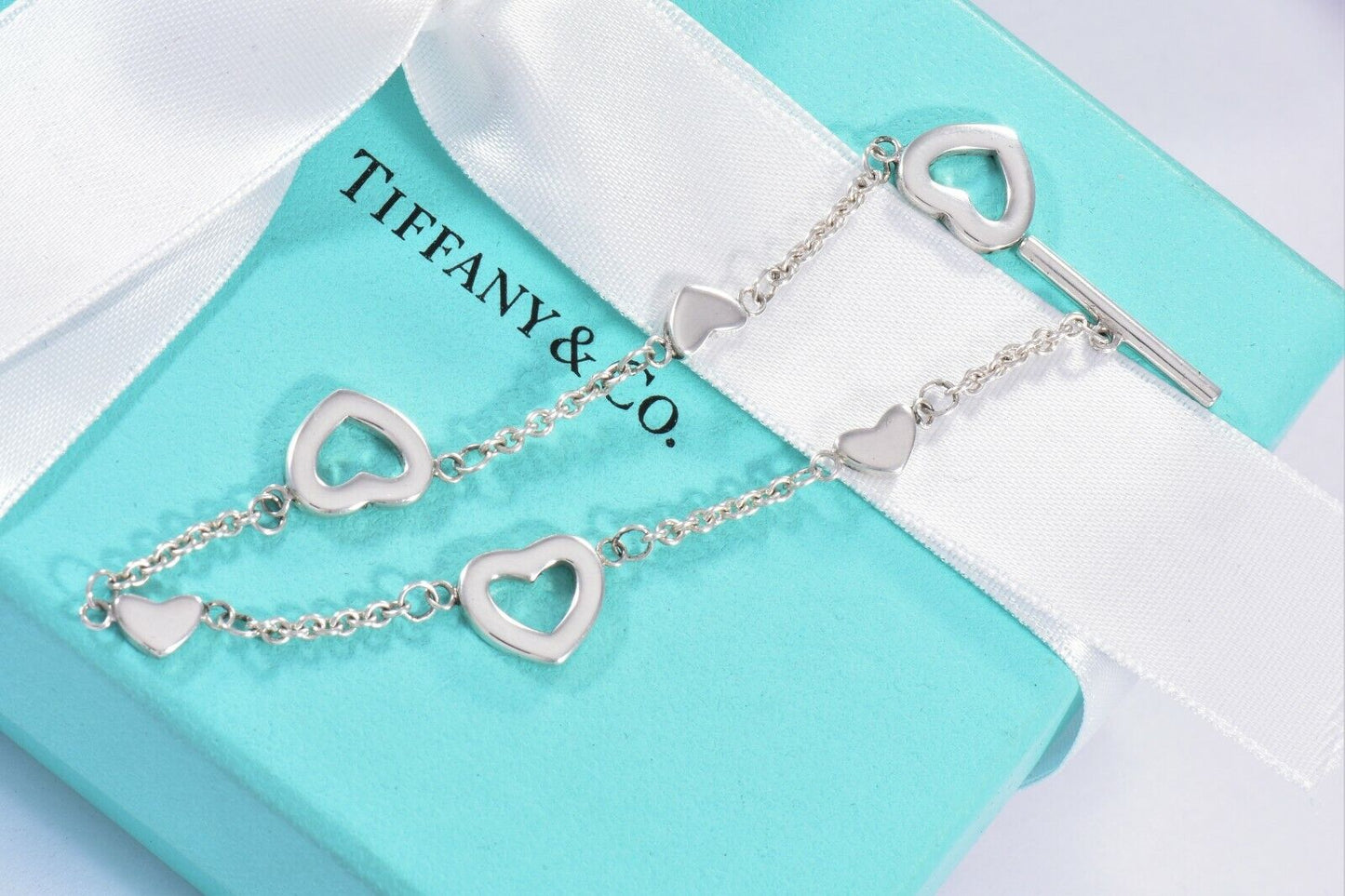 Tiffany & Co Silver Heart Lariat Toggle Chain 7" Bracelet & Pouch Rare Valentine