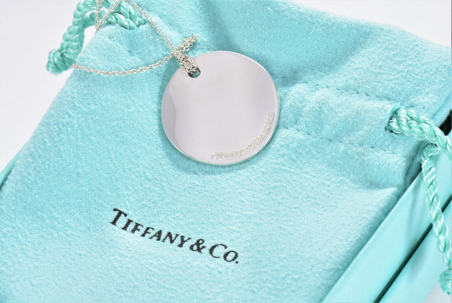 Tiffany & Co Silver NY Address Notes Wavy Round Disk Pendant 16" Necklace Circle