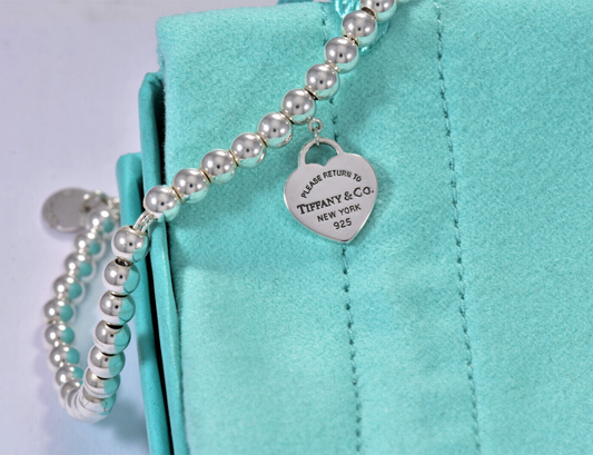 Please Return To Tiffany & Co Silver Heart Tag Charm 7" Bead Bracelet in Pouch