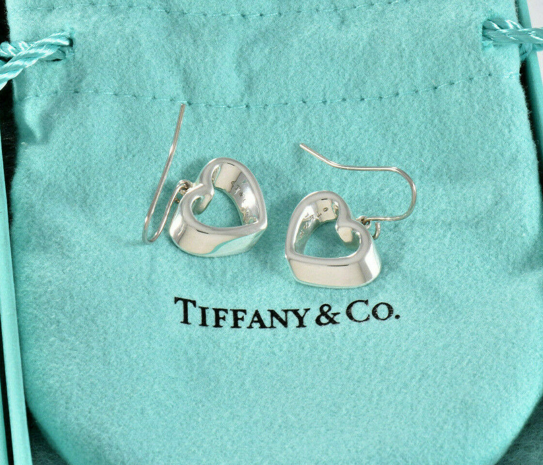 Tiffany & Co Silver Geometric 3D Heart Stencil Dangle Hook Earrings in Pouch