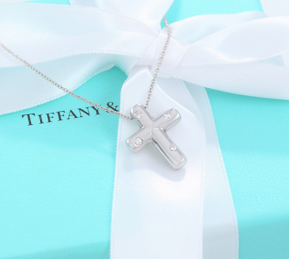 Tiffany & Co Diamond Platinum Etoile Cross Pendant 16.75" Necklace in Box Pouch