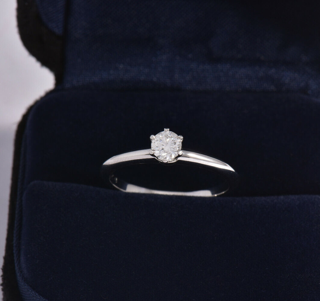 Tiffany & Co Platinum .24 ct Round Solitaire Diamond  Ring Size 5.5 in Box Pouch