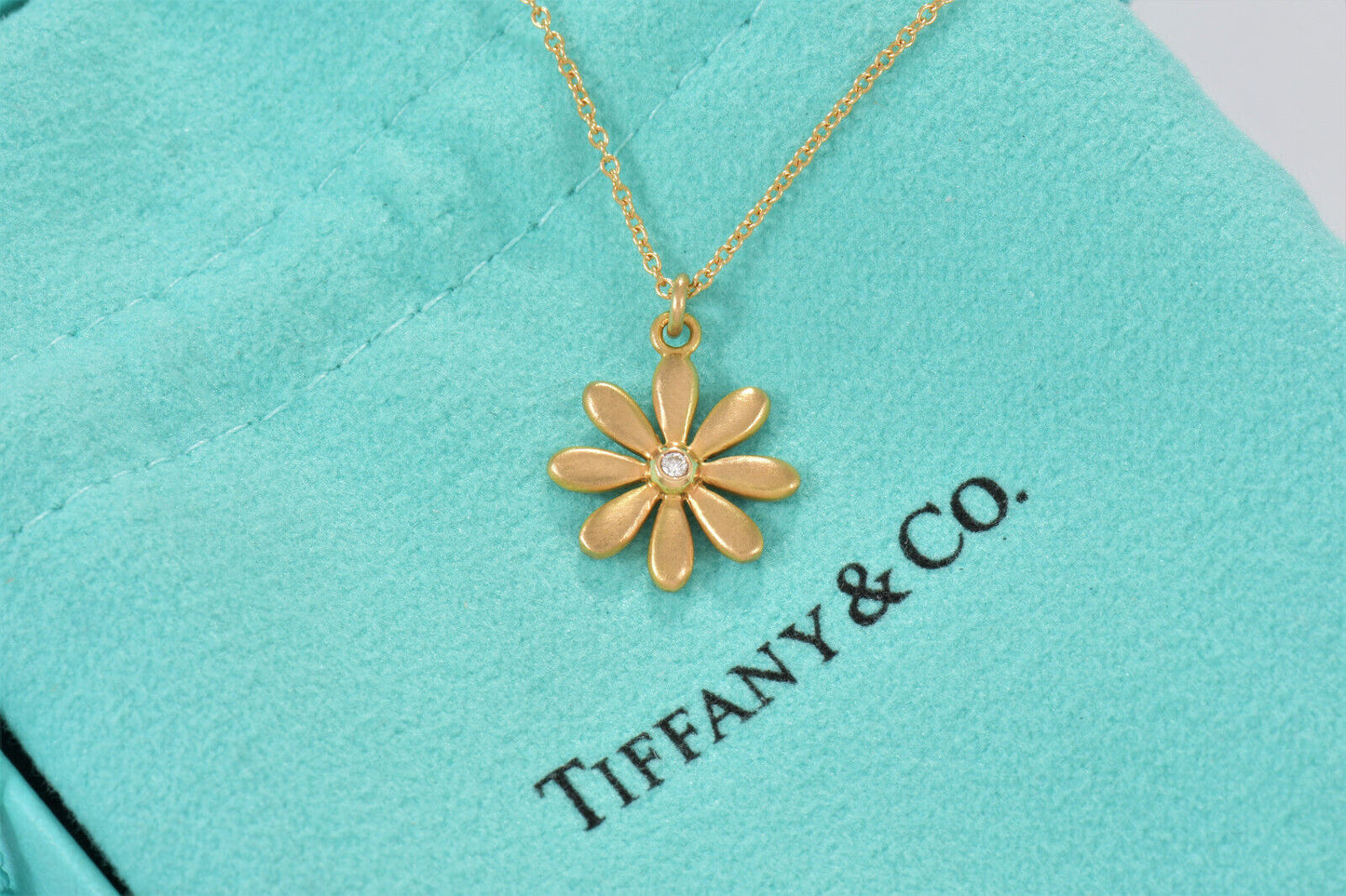 Tiffany & Co Diamond 18K Yellow Gold Daisy Flower Pendant 16.25" Necklace in Box