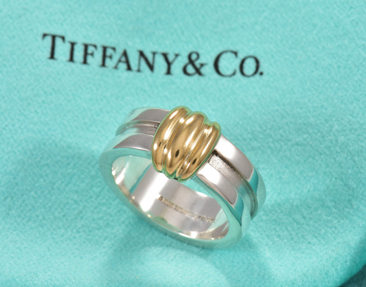 Size 6 Vintage Tiffany & Co 18K Yellow Gold Silver Atlas Groove Wide Band Ring