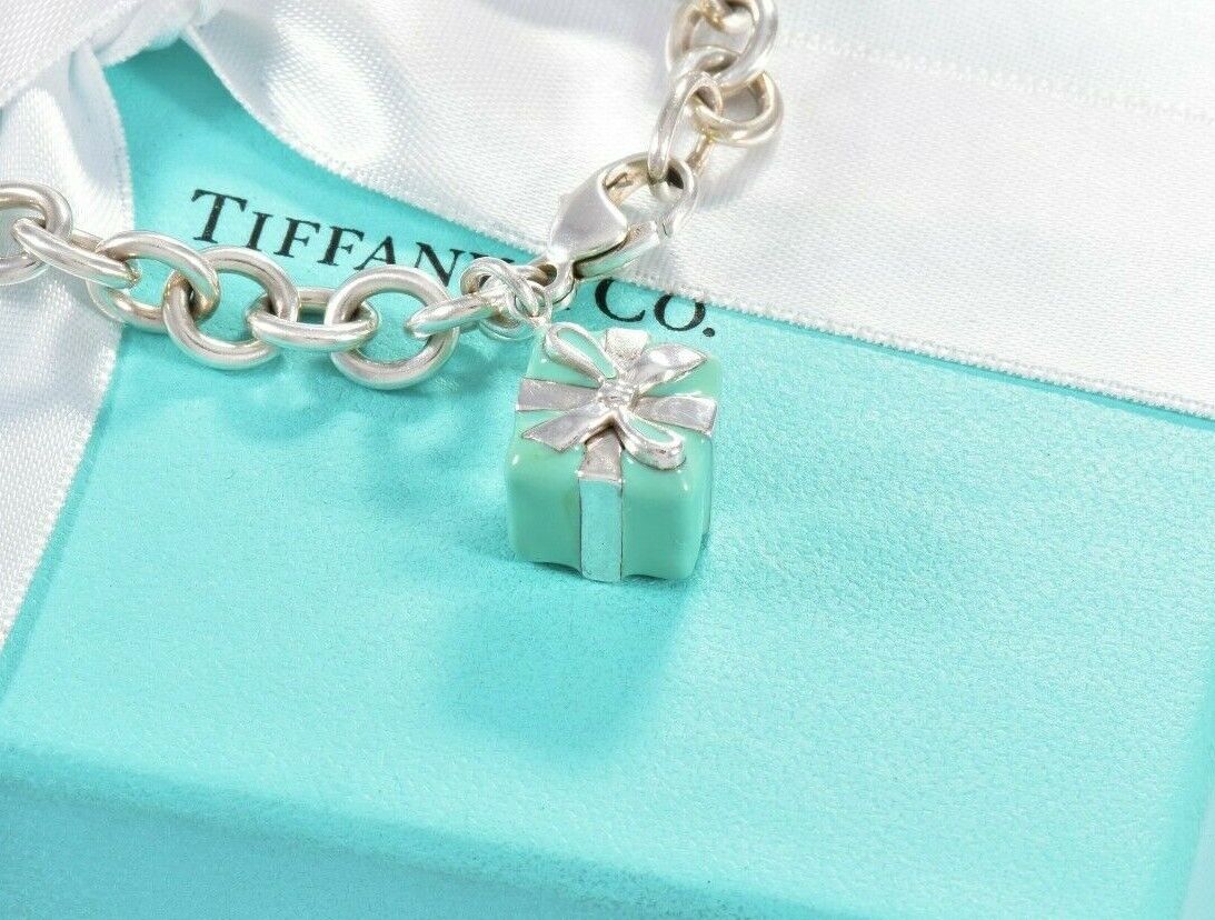 Tiffany & Co Sterling Silver Blue Enamel Gift Box Bracelet in Pouch Rare Present