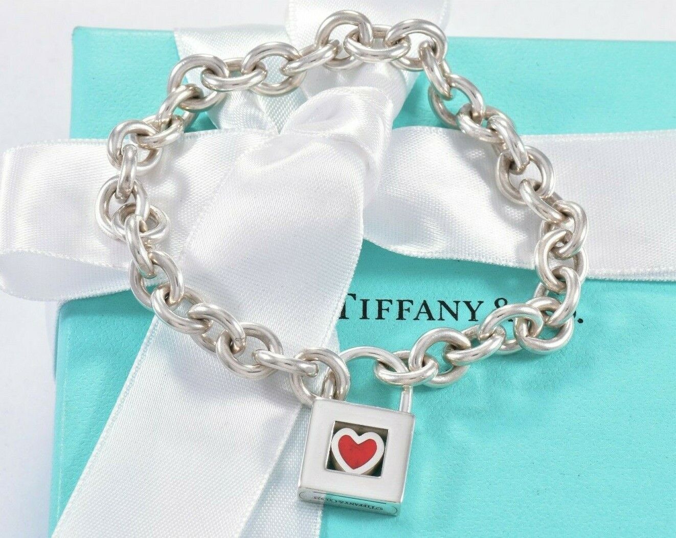 Tiffany & Co Sterling Silver Red Enamel Heart Lock 8" Chain Link Bracelet Rare