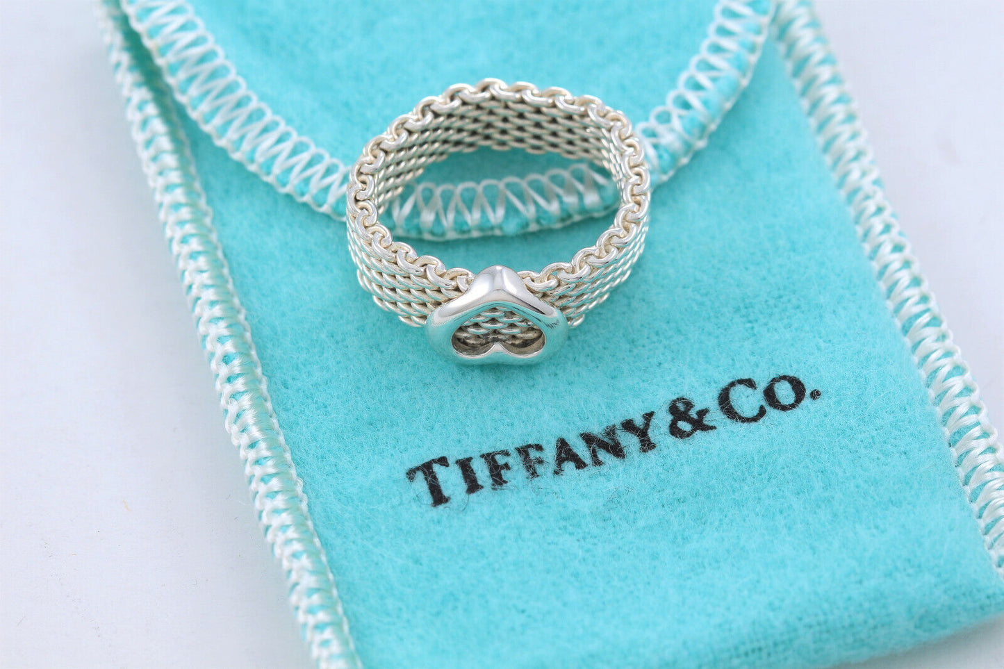 Tiffany & Co Sterling Silver Heart Mesh Love Ring Size 12 and Pouch Rare Lovely