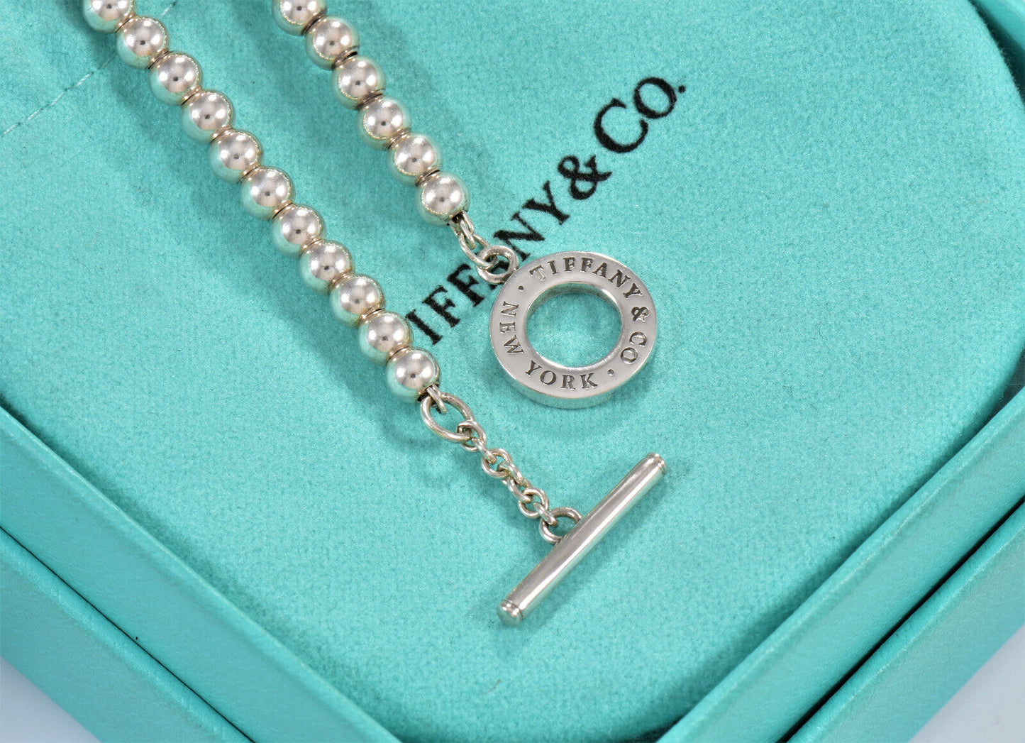 Tiffany & Co Silver NY Toggle Pendant 16.5" Beaded Necklace in Box Rare Lovely