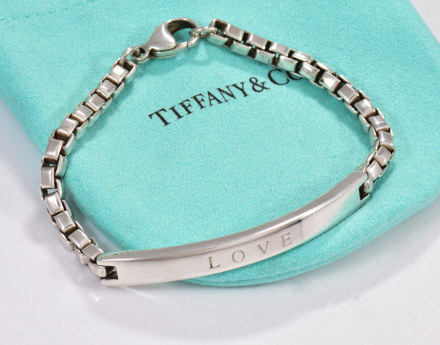 Tiffany & Co Silver LOVE Engraved Venetian Box Link ID Bar Bracelet 6.75" Pouch