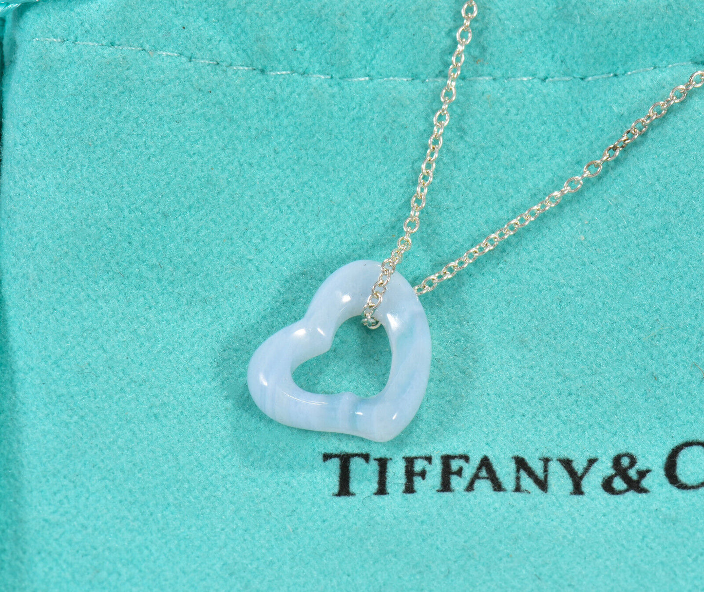 Tiffany & Co Silver Elsa Peretti Blue Agate Gem Open Heart Pendant 18" Necklace