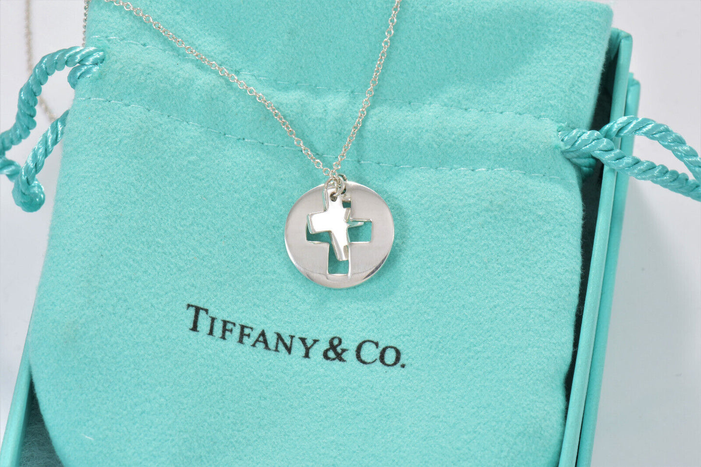 Tiffany & Co Sterling Silver Cross Cutout Circle Pendant 16" Necklace in Pouch