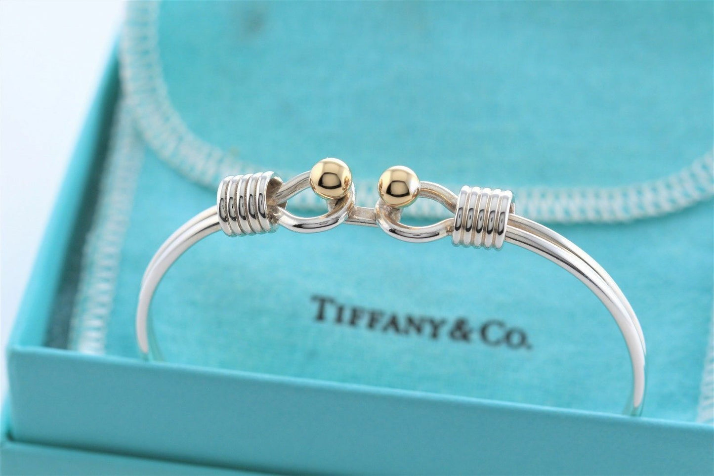 Vintage Tiffany & Co Silver 18K Gold Ball Coil Hook Bangle 6.6" Bracelet Cuff