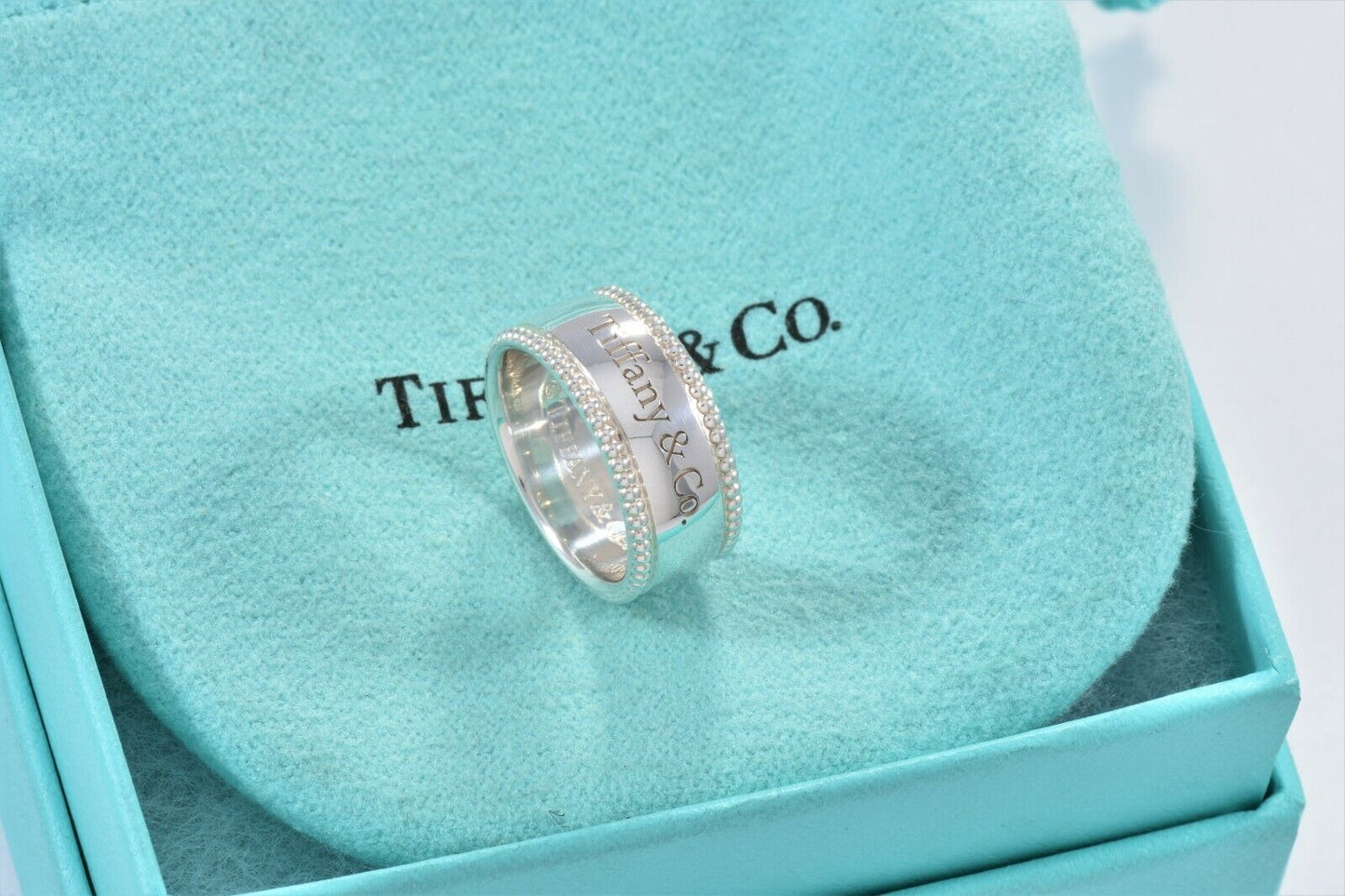 Tiffany & Co Sterling Silver Yours Bead Edge Band Ring Size 4.5 & Pouch Lovely