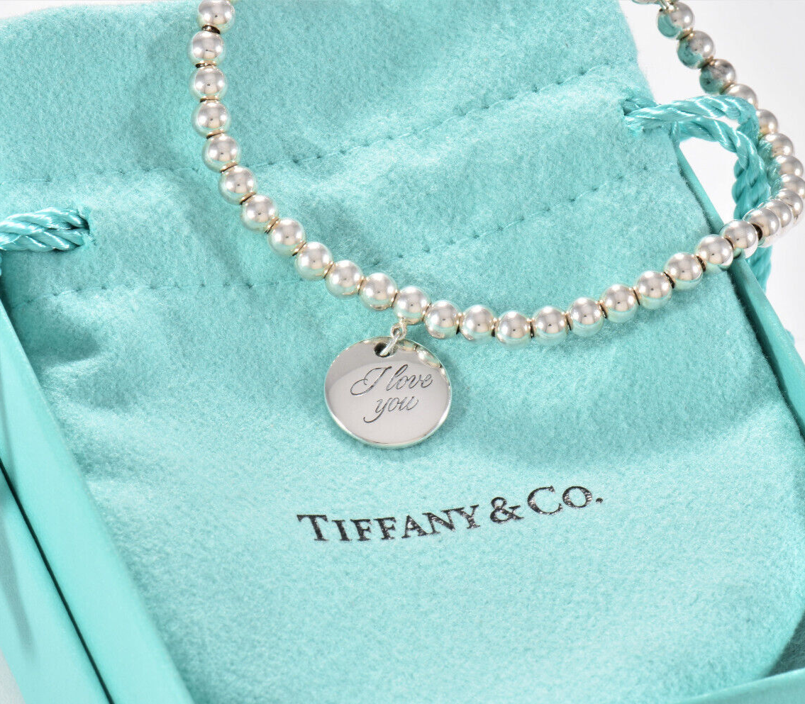 7" Tiffany & Co Silver I Love You Round Tag Bead Chain Bracelet in Pouch Rare