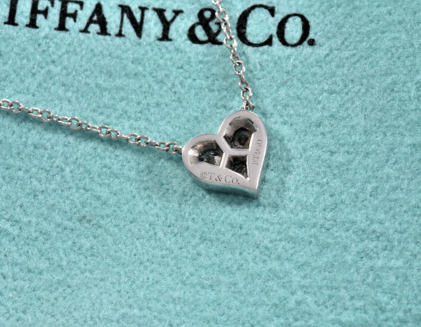 Tiffany & Co Platinum Three Diamond Heart Pendant 16.25" Necklace in Box Pouch