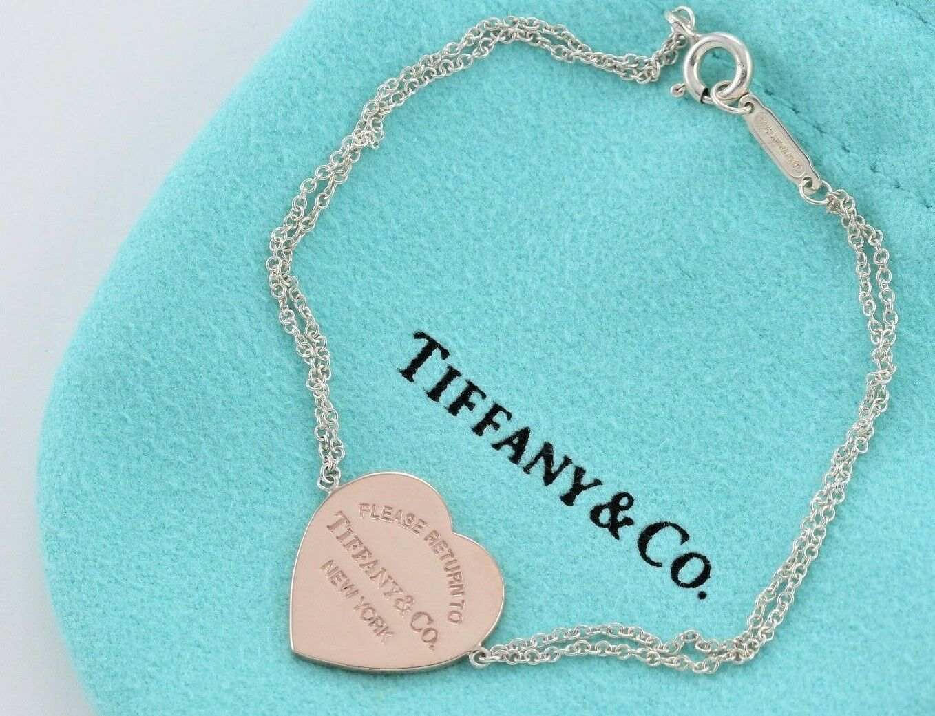 Please Return to Tiffany & Co Rubedo Heart Charm Double Chain 6.75" Bracelet