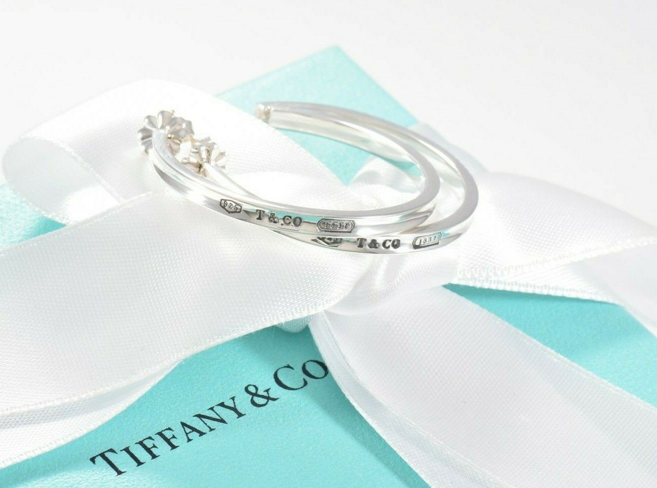 Tiffany & Co Sterling Silver 1837 34mm Large Narrow Hoop Earrings Boxed 3mm Rare