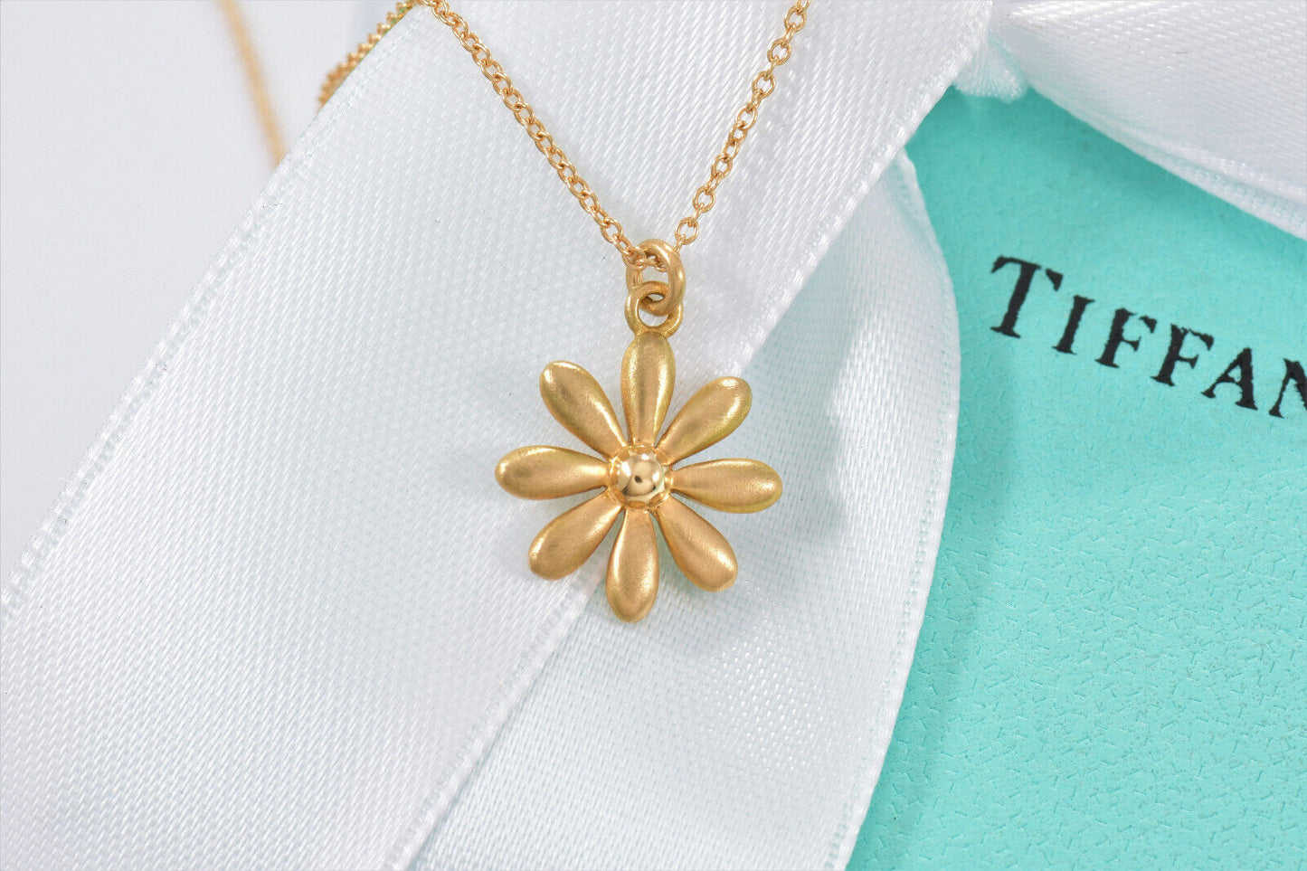 Tiffany & Co Diamond 18K Yellow Gold Daisy Flower Pendant 16.25" Necklace in Box