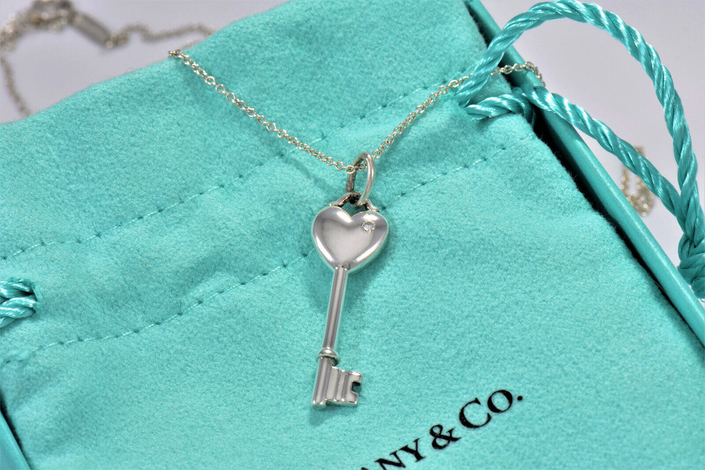 Tiffany & Co Diamond Silver Heart Key Pendant 18" Chain Necklace in Pouch Rare