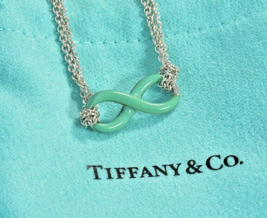 Tiffany & Co Silver Blue Enamel Infinity 6.25" Double Chain Charm Bracelet Pouch